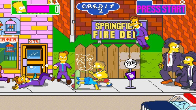 Bart attacks with his skate a bunch of goons in suits in the streets of Springfield