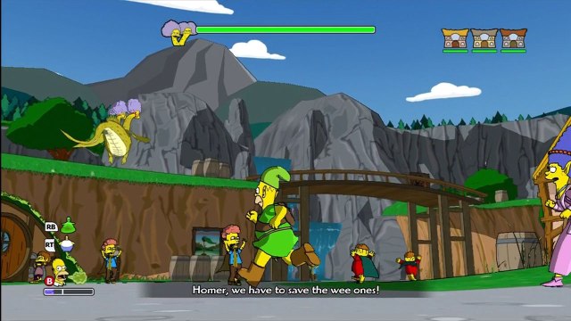 Homer dressed in a green tunic that spoofs The Legend of Zelda runs through a medieval world after a dragon with the heads of Telma and Selma