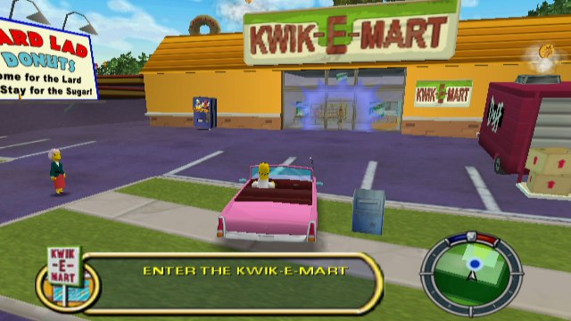 Homer approaches a Kwik-E-Mart with the usual Simpsons' pink car in an open world environment